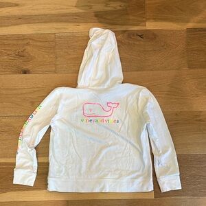 Vineyard Vines White Girls' Hoodie with Pink Whale and Multicolor Sleeve